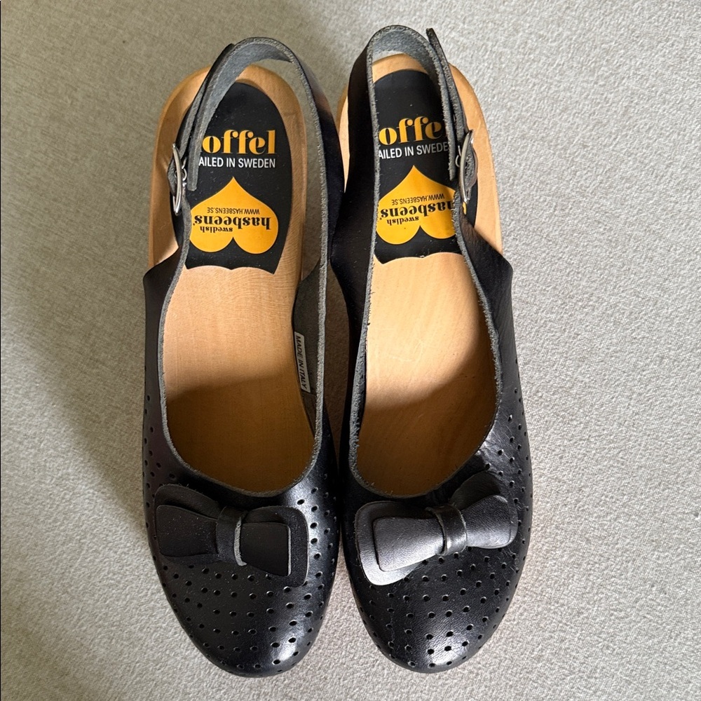 Swedish Hasbeens Black Leather Mules with Bow.  Brand new.